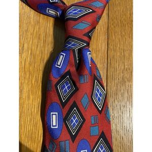 PERRY ELLIS Men's Silk Necktie USA Designer Red Black Blue Circles & Squares EUC